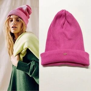 Free People Pink Outside The Lines Ribbed Oversized Slouchy Knit Beanie Cap